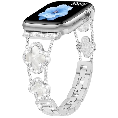 Sixmoat Armbänder kompatibel mit Apple Watch Armband für Damen 38mm 40mm 41mm 42mm(Serie 10), Bling Armband Designer Dressy Glückskleeblatt für iWatch Serie SE 10 9 8 7 6 5 4 3 (Silber) von Sixmoat