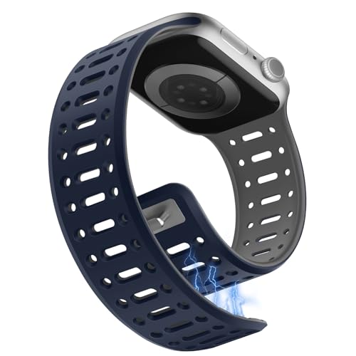 Sixmoat Magnetarmband kompatibel mit Apple Watch Armband 42mm(Serie10) 41mm 40mm 38mm für Männer Frauen, Atmungsaktives Silikon Sportarmband für iWatch Serie 10 9 8 7 6 5 4 3 SE, Dunkelblau-Grau von Sixmoat