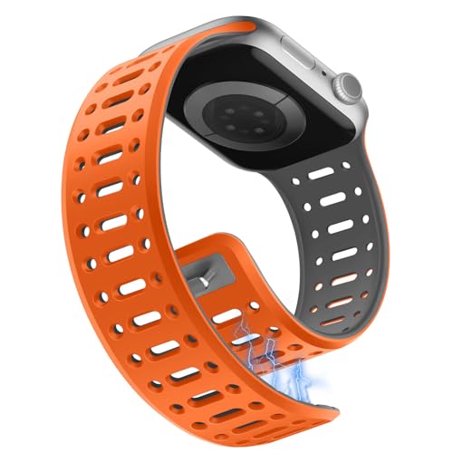 Sixmoat Magnetarmband kompatibel mit Apple Watch Armband 42mm(Serie10) 41mm 40mm 38mm für Männer Frauen, Atmungsaktives Silikon Sportarmband für iWatch Serie 10 9 8 7 6 5 4 3 SE, Orange-Grau von Sixmoat