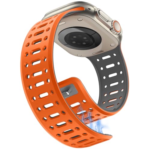 Sixmoat Magnetarmband kompatibel mit Apple Watch Armband 49mm/Ultra 46mm 45mm 44mm 42mm für Männer Frauen, Atmungsaktives Silikon Sportarmband für iWatch Serie 10 9 8 7 6 5 4 3 SE, Orange-Grau von Sixmoat