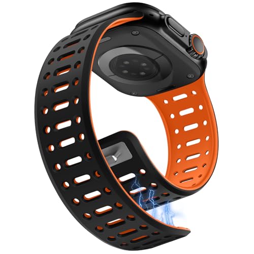 Sixmoat Magnetarmband kompatibel mit Apple Watch Armband 49mm/Ultra 46mm 45mm 44mm 42mm für Männer Frauen, Atmungsaktives Silikon Sportarmband für iWatch Serie 10 9 8 7 6 5 4 3 SE, Schwarz-Orange von Sixmoat