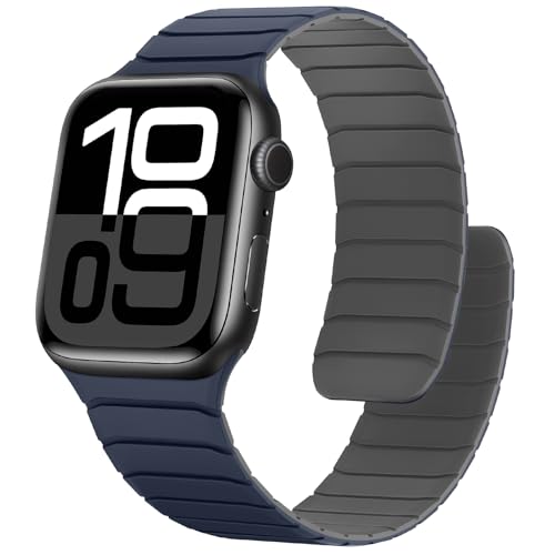 Sixmoat Magnetisches Silikon Armband Kompatibel mit Apple Watch 42mm(Series 10) 41mm 40mm 38mm, Wasserdichte Sport Armbänder Design für iWatch Ultra SE Series 10 9 8 7 6 5 4 3, Dunkelblau-Grau von Sixmoat