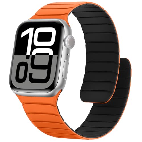 Sixmoat Magnetisches Silikon Armband Kompatibel mit Apple Watch 42mm(Series 10) 41mm 40mm 38mm, Wasserdichte Sport Armbänder Design für iWatch Ultra SE Series 10 9 8 7 6 5 4 3, Orange-Schwarz von Sixmoat