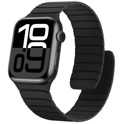 Sixmoat Magnetisches Silikon Armband Kompatibel mit Apple Watch 42mm(Series 10) 41mm 40mm 38mm, Wasserdichte Sport Armbänder Design für iWatch Ultra SE Series 10 9 8 7 6 5 4 3, Schwarz von Sixmoat