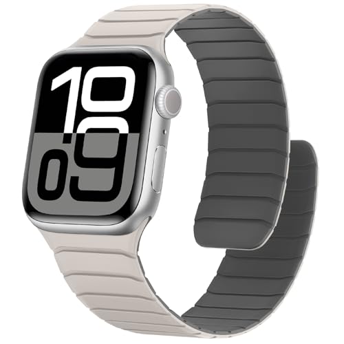 Sixmoat Magnetisches Silikon Armband Kompatibel mit Apple Watch 42mm(Series 10) 41mm 40mm 38mm, Wasserdichte Sport Armbänder Design für iWatch Ultra SE Series 10 9 8 7 6 5 4 3, Starlight-Grau von Sixmoat