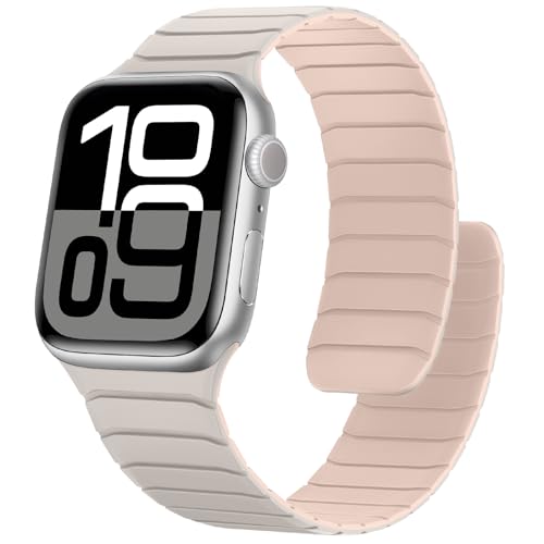 Sixmoat Magnetisches Silikon Armband Kompatibel mit Apple Watch 42mm(Series 10) 41mm 40mm 38mm, Wasserdichte Sport Armbänder Design für iWatch Ultra SE Series 10 9 8 7 6 5 4 3, Sternenlicht-Rosa von Sixmoat
