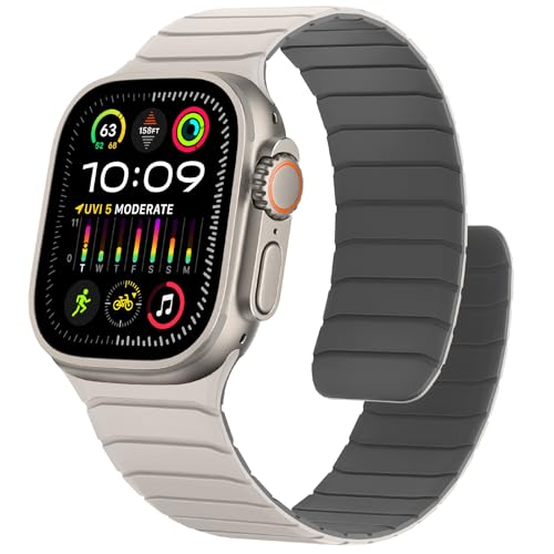 Sixmoat Magnetisches Silikon Armband Kompatibel mit Apple Watch 49mm 46mm 45mm 44mm 42mm, Wasserdichte Sport Armbänder Design für iWatch Ultra SE Series 10 9 8 7 6 5 4 3, Starlight-Grau Sixmoat Magnetisches Silikon Armband Kompatibel mit Apple Watch 49mm 46mm 45mm 44mm 42mm, Wasserdichte Sport Armbänder Design für iWatch Ultra SE Series 10 9 8 7 6 5 4 3, Starlight-Grau von Sixmoat