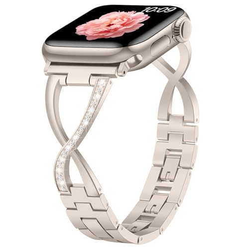 Sixmoat Metall Armbänder Kompatibel mit Apple Watch Armbändern für Damen 38mm 40mm 41mm 42mm(Serie 10) Glitzerndes X-förmiges Ersatzarmband für iWatch SE Serie 10 9 8 7 6 5 4 3 (Polarstern) von Sixmoat