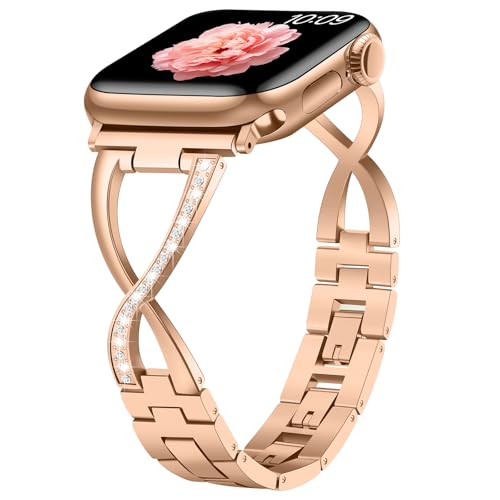 Sixmoat Metall Armbänder Kompatibel mit Apple Watch Armbändern für Damen 38mm 40mm 41mm 42mm(Serie 10) Glitzerndes X-förmiges Ersatzarmband für iWatch SE Serie 10 9 8 7 6 5 4 3 (Rosé Gold) von Sixmoat