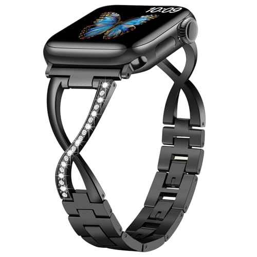 Sixmoat Metall Armbänder Kompatibel mit Apple Watch Armbändern für Damen 38mm 40mm 41mm 42mm(Serie 10) Glitzerndes X-förmiges Ersatzarmband für iWatch SE Serie 10 9 8 7 6 5 4 3 (Schwarz) von Sixmoat