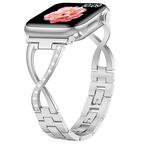 Sixmoat Metall Armbänder Kompatibel mit Apple Watch Armbändern für Damen 38mm 40mm 41mm 42mm(Serie 10) Glitzerndes X-förmiges Ersatzarmband für iWatch SE Serie 10 9 8 7 6 5 4 3 (Silber) von Sixmoat