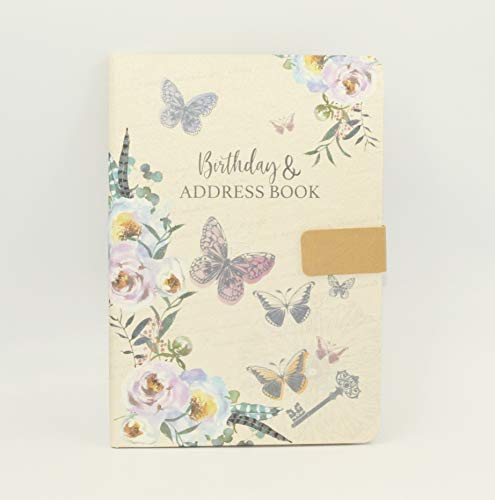 Adress- und Geburtstagsbuch, A5-Format, Satin-Stoff, Blumenmuster, Magnetverschluss, 21 x 15 cm, Schmetterlinge von Sixstore