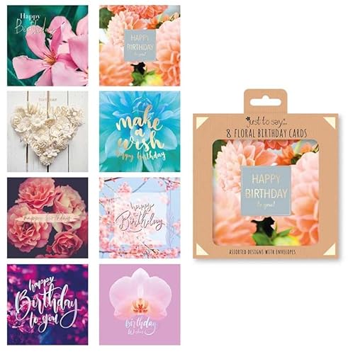 "Sixstore Packung mit 8 gemischten „Happy Birthday Wishes“-Blumenkarten für Erwachsene, Grußkarten mit Umschlägen von Sixstore