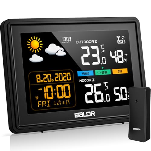 Skeufy Wetterstation Funk mit Außensensor, Innen und Außen Temperatur, Luftfeuchte, Funkwetterstation mit Wettervorhersage, Barometer, Digital Farbdisplay DCF Funkuhr zum Stellen,Hängen,Schwarz Skeufy Wetterstation Funk mit Außensensor, Innen und Außen Temperatur, Luftfeuchte, Funkwetterstation mit Wettervorhersage, Barometer, Digital Farbdisplay DCF Funkuhr zum Stellen,Hängen,Schwarz von Skeufy