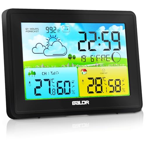 Wetterstation Funk mit Außensensor, Innen und Außen Temperatur/Luftfeuchte, Funkwetterstation mit Wettervorhersage, Barometer und Mondphase, Digital Farbdisplay DCF Funkuhr, zum Stellen/Hängen,Schwarz Wetterstation Funk mit Außensensor, Innen und Außen Temperatur/Luftfeuchte, Funkwetterstation mit Wettervorhersage, Barometer und Mondphase, Digital Farbdisplay DCF Funkuhr, zum Stellen/Hängen,Schwarz von Skeufy