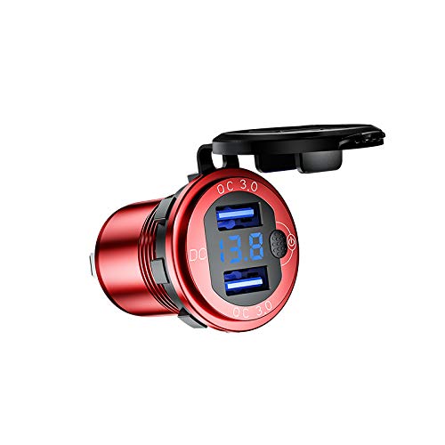 USB Steckdose 12V KFZ Ladeadapter [Quick Charge 3.0 Ladegerät] Auto USB Adapter mit Schalter, Blau LED Voltmeter, USB Zigarettenanzünder Adapter Kompatibel mit Note 9/S10/S9/S8 (Rot) von SkingHong