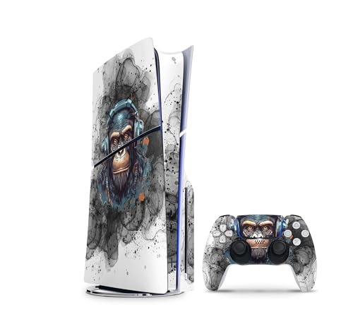 Skins4u Slim PS5 Skins Aufkleber Set kompatibel mit Playstation 5 Disk Edition + PS5 Controller Skin Wrap Faceplate Design Schutz Folie Black Smoke Monkey von Skins4u