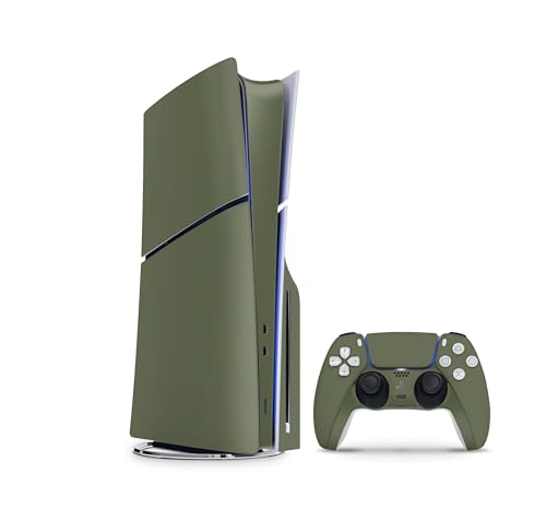 Skins4u Slim PS5 Skins Aufkleber für Playstation 5 Konsole und Controller Skin Vinyl Skin Sticker PS5 Slim Disc Design Schutz Folie Solid State Olive von Skins4u