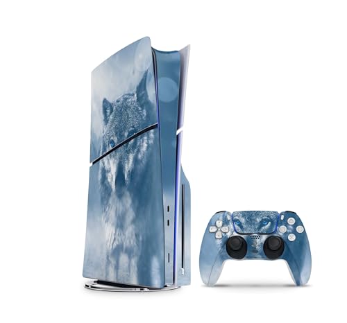 Skins4u Slim PS5 Skins Aufkleber für Playstation 5 Konsole und Controller Skin Vinyl Skin Sticker PS5 Slim Disc Design Schutz Folie Wolf Blue Eyes von Skins4u