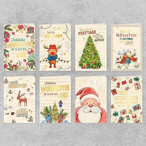 GreenLine Weihnachtskarten Set 8 Stück inkl. Umschlag Weihnachtsgrüße Frohe Weihnachten Handmade Recycling Glückwunschkarte aus 100% baumfreien Zuckerrohrpapier von Skorpion