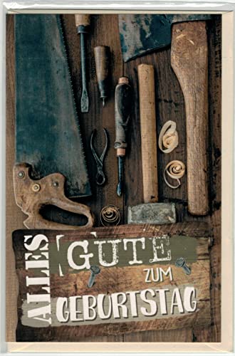 Skorpion Geburtstagskarte Männer Werkzeug Säge Hammer Axt Zange auf Holz - mit Umschlag, 11,5 cm x 17 cm von Skorpion