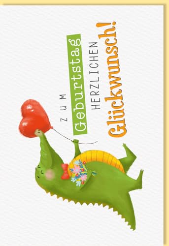 Skorpion Glückwunschkarte Geburtstag Krokodil mit Blumen und herzförmigem Luftballon, Naturkarton - mit Umschlag von Skorpion