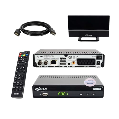 COMAG SL65T2 DVB-T2 Receiver, Freenet TV (Private Sender in HD), PVR Ready, Full-HD, HDMI, SCART, Mediaplayer, USB 2.0, 12V tauglich, 2m HDMI Kabel und DVB-T2 Zimmerantenne von Sky Vision