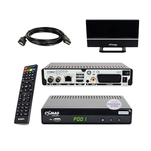 Comag SL65T2 DVBT2 Receiver Bundle mit aktiver DVBT2 Antenne, DVB-T2 Receiver mit Aufnahmefunktion und Dolby Digital Plus Unterstützung, 12V-Netzteil, Ideal für Camping, PVR Ready von Sky Vision