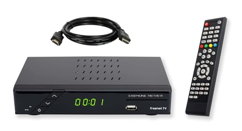 SET-ONE EasyOne 740 HD DVB-T2 Receiver, Freenet TV (Private Sender in HD), PVR Ready, Full-HD 1080p, HDMI, LAN, HBBTV, Mediaplayer, USB 2.0, 12V tauglich, 1,5m HDMI Kabel von Sky Vision