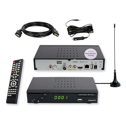 Set-ONE EasyOne 740 DVBT2 Receiver Bundle mit passiver DVBT2 Antenne, DVB-T2 Receiver mit Aufnahmefunktion und Dolby Digital Plus, 12V-Netzteil & Zigarettenanzünder-Kabel, Ideal für Camping von Sky Vision