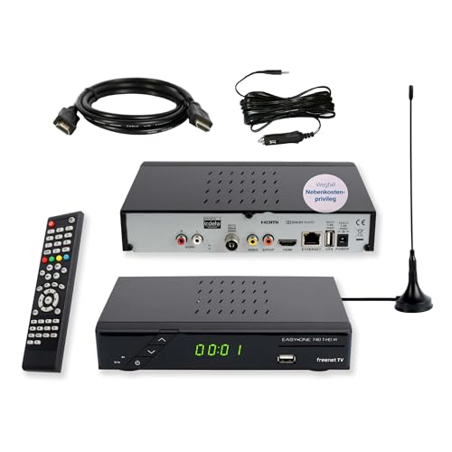 Set-ONE EasyOne 740 HD DVB-T2 Receiver, Freenet TV, Full-HD, HDMI, LAN, Mediaplayer, USB 2.0, 12V Camping Adapter Kabel, 2 Meter HDMI Kabel und DVB-T2 Antenne von Sky Vision