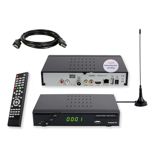 Set-ONE EasyOne 740 HD DVB-T2 Receiver, Freenet TV (Private Sender in HD), Full-HD 1080p, HDMI, USB 2.0, 12V tauglich, 2m HDMI Kabel, DVB-T2 Antenne von Sky Vision