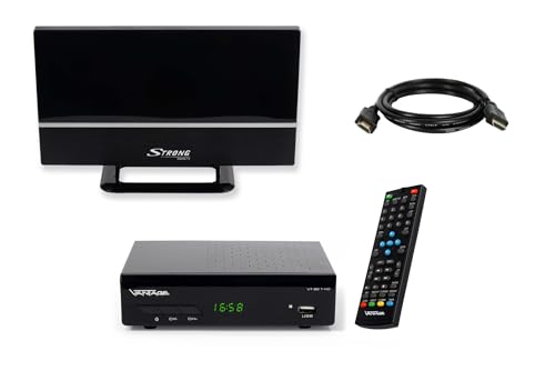 Sky Vision VT-92 DVB-T/T2 Reciever, Empfang Aller freien SD und HD DVB-T2 Sender, Digital, Full-HD 1080p, HDMI, SCART, Mediaplayer, USB 2.0, 2m HDMI Kabel, aktive DVB-T2 Zimmerantenne, Schwarz von Sky Vision
