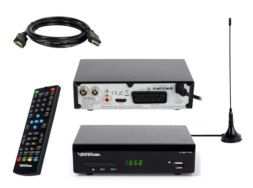 Vantage VT-92 DVB-T/T2 Reciever, Empfang Aller freien SD und HD DVB-T2 Sender, Digital, Full-HD 1080p, HDMI, SCART, Mediaplayer, USB 2.0, 2m HDMI Kabel, Passive DVB-T2 Antenne mit Magnetfuß von Sky Vision