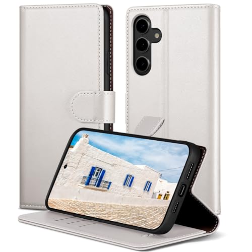 SkyDuck für Samsung Galaxy A54 hülle PU Leder[RFID-Schutz] handyhülle für Samsung Galaxy A54 Klapphülle Kartenfach mit 1 Gehärtetes Glas Schutzfolie,stoßfestes Handy hülle für Samsung A54 Case,Weiß von SkyDuck