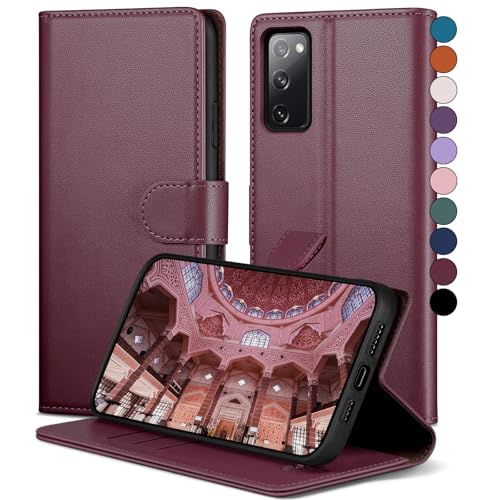 SkyDuck für Samsung Galaxy S20 FE hülle PU Leder[RFID-Schutz] handyhülle für Samsung S20 FE Klapphülle Kartenfach,1 Gehärtetes Glas Schutzfolie,stoßfestes Handy hülle für Samsung S20 FE Case,Rotwein von SkyDuck
