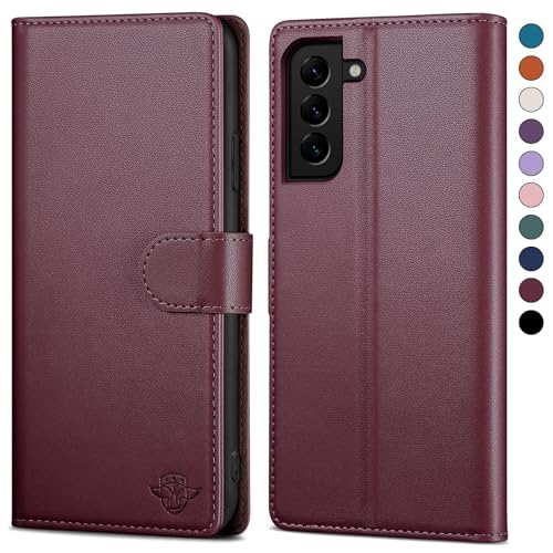 SkyDuck für Samsung Galaxy S21 FE hülle PU Leder[RFID-Schutz] handyhülle für Samsung S21 FE Klapphülle Kartenfach,1 Gehärtetes Glas Schutzfolie,stoßfestes Handy hülle für Samsung S21 FE Case,Rotwein von SkyDuck