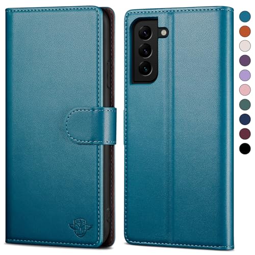 SkyDuck für Samsung Galaxy S21 FE hülle PU Leder[RFID-Schutz]handyhülle für Samsung S21 FE Klapphülle Kartenfach mit 1 Gehärtetes Glas Schutzfolie,stoßfestes Handy hülle für S21 FE Case,Leuchtend Blau von SkyDuck