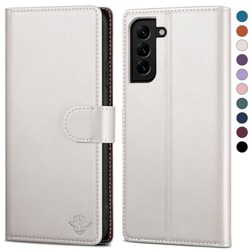 SkyDuck für Samsung Galaxy S22 hülle PU Leder[RFID-Schutz] handyhülle für Samsung Galaxy S22 Klapphülle Kartenfach mit 1 Gehärtetes Glas Schutzfolie,stoßfestes Handy hülle für Samsung S22 Case,Weiß von SkyDuck