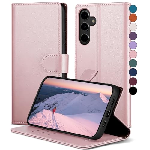 SkyDuck für Samsung Galaxy S23 FE hülle PU Leder[RFID-Schutz] handyhülle für Samsung S23 FE Klapphülle Kartenfach,1 Gehärtetes Glas Schutzfolie,stoßfestes Handy hülle für Samsung S23 FE Case,Roségold von SkyDuck