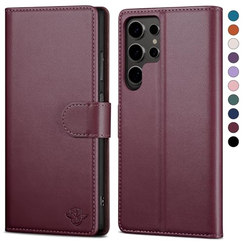 SkyDuck für Samsung Galaxy S23 Ultra hülle PU Leder[RFID-Schutz] handyhülle für Samsung S23 Ultra Klapphülle Kartenfach,1 Gehärtetes Glas Schutzfolie,stoßfestes Handy hülle für S23 Ultra Case,Rotwein von SkyDuck