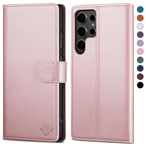 SkyDuck für Samsung Galaxy S23 Ultra hülle PU Leder[RFID-Schutz]handyhülle für Samsung S23 Ultra Klapphülle Kartenfach,1 Gehärtetes Glas Schutzfolie,stoßfestes Handy hülle für S23 Ultra Case,Roségold von SkyDuck