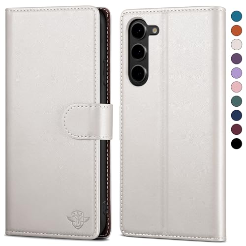 SkyDuck für Samsung Galaxy S23 hülle PU Leder[RFID-Schutz] handyhülle für Samsung Galaxy S23 Klapphülle Kartenfach mit 1 Gehärtetes Glas Schutzfolie,stoßfestes Handy hülle für Samsung S23 Case,Weiß von SkyDuck