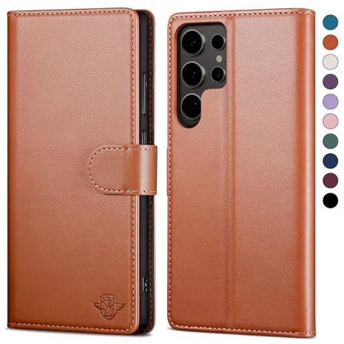 SkyDuck für Samsung Galaxy S24 Ultra hülle PU Leder[RFID-Schutz]handyhülle für Samsung S24 Ultra Klapphülle Kartenfach,1 Gehärtetes Glas Schutzfolie,stoßfestes Handy hülle für S24 Ultra Case,Hellbraun von SkyDuck