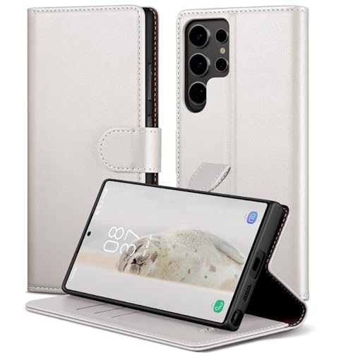 SkyDuck für Samsung Galaxy S24 Ultra hülle PU Leder[RFID-Schutz]handyhülle für Samsung S24 Ultra Klapphülle Kartenfach mit 1 Gehärtetes Glas Schutzfolie,stoßfestes Handy hülle für S24 Ultra Case,Weiß von SkyDuck