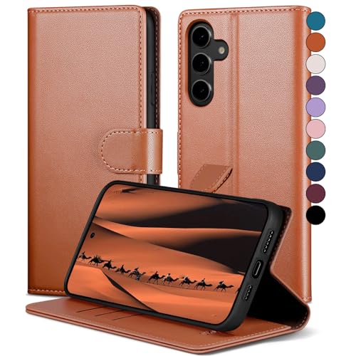 SkyDuck für Samsung Galaxy S24 hülle PU Leder[RFID-Schutz] handyhülle für Samsung Galaxy S24 Klapphülle Kartenfach,1 Gehärtetes Glas Schutzfolie,stoßfestes Handy hülle für Samsung S24 Case,Hellbraun von SkyDuck