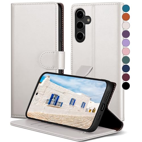 SkyDuck für Samsung Galaxy S24 hülle PU Leder[RFID-Schutz] handyhülle für Samsung Galaxy S24 Klapphülle Kartenfach mit 1 Gehärtetes Glas Schutzfolie,stoßfestes Handy hülle für Samsung S24 Case,Weiß von SkyDuck