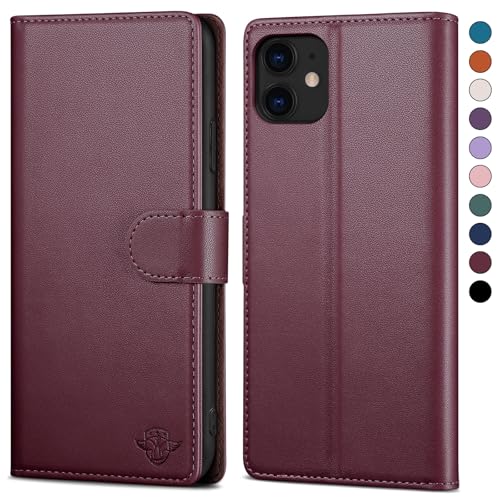 SkyDuck für iPhone 11 6.1" hülle PU Leder[RFID-Schutz] handyhülle für iPhone 11 6.1" Klapphülle Kartenfach mit 1 Gehärtetes Glas Schutzfolie,stoßfestes Handy hülle für iPhone 11 Case,Rotwein von SkyDuck