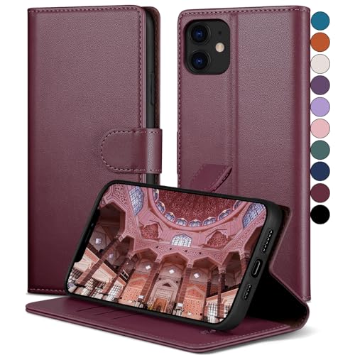 SkyDuck für iPhone 12/12Pro 6.1" hülle PU Leder[RFID-Schutz] handyhülle für iPhone 12 Klapphülle Kartenfach mit 1 Gehärtetes Glas Schutzfolie,stoßfestes Handy hülle für iPhone 12 Pro Case,Rotwein von SkyDuck