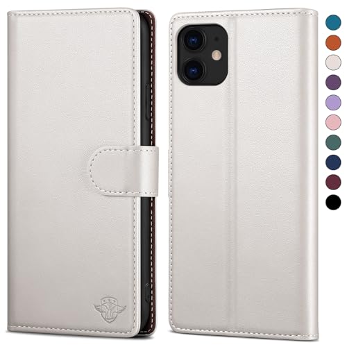 SkyDuck für iPhone 12/12Pro 6.1" hülle PU Leder[RFID-Schutz] handyhülle für iPhone 12 Klapphülle Kartenfach mit 1 Gehärtetes Glas Schutzfolie,stoßfestes Handy hülle für iPhone 12 Pro Case,Weiß von SkyDuck